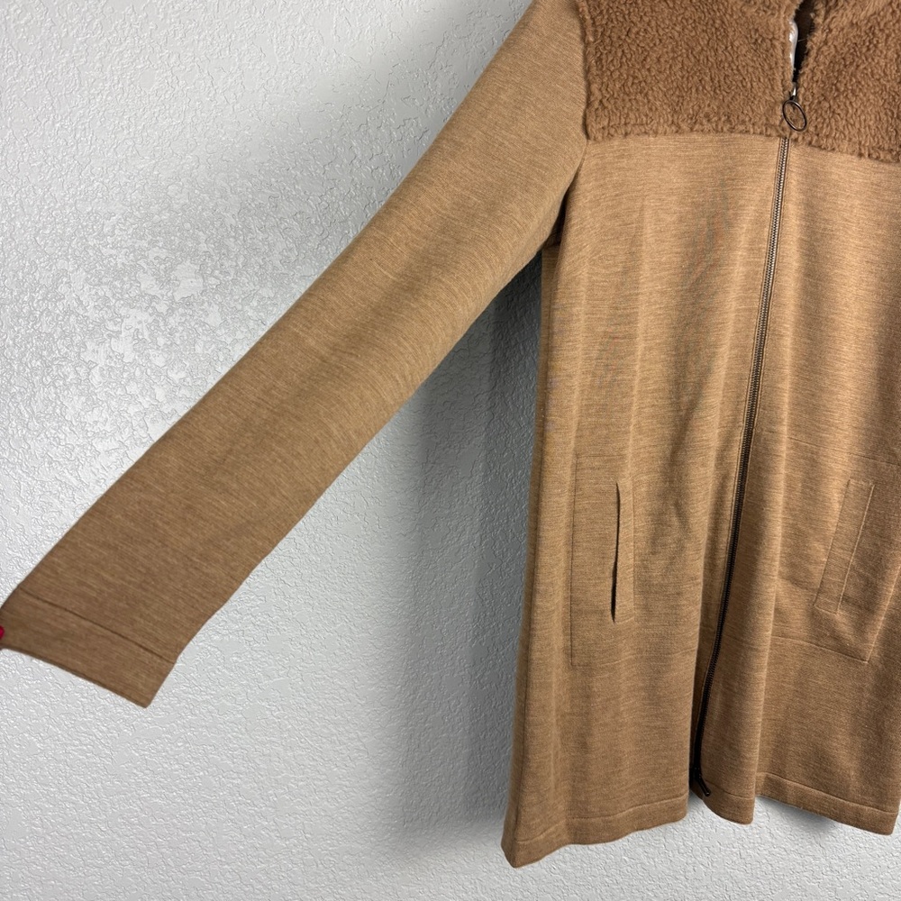 Akris Punto 100% Wool Sherpa Knit Stand Collar Cardigan Camel US 10 Faux Fur Tan - Picture 7 of 13